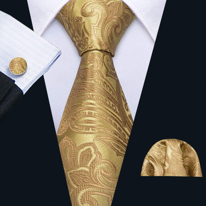 [Australia] - Barry.Wang Silk Tie and Pocket Square Set for Men Paisley Necktie Cufflinks Set A-a Gold Set 