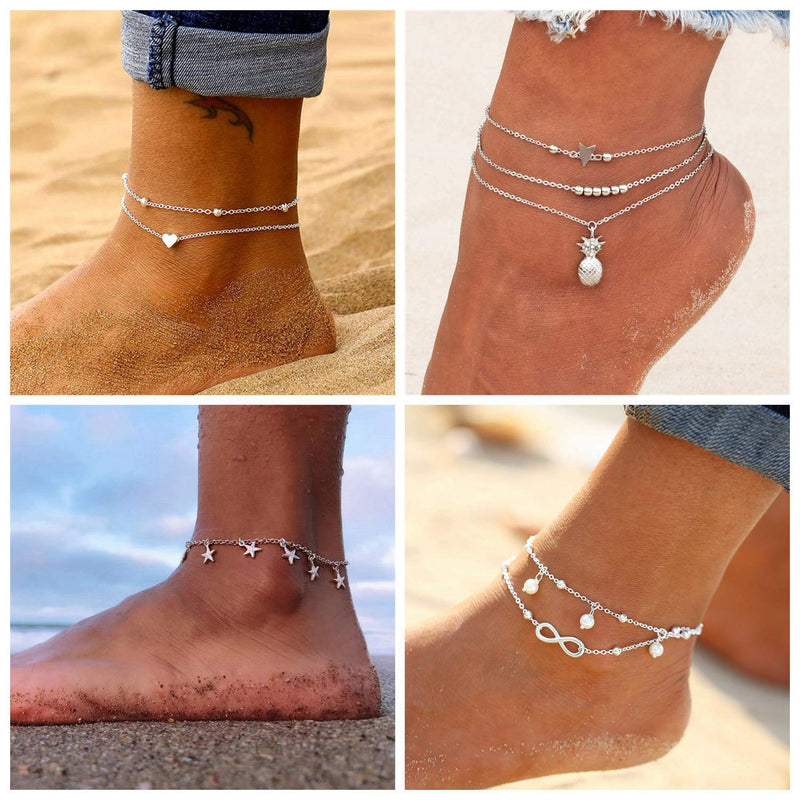 [Australia] - KOHOTA 20Pcs Ankle Bracelets for Women Silver Gold Anklet Set Boho Anklets Bracelets Layered Adjustable Chain Beach Barefoot Foot Jewelry Silver color 