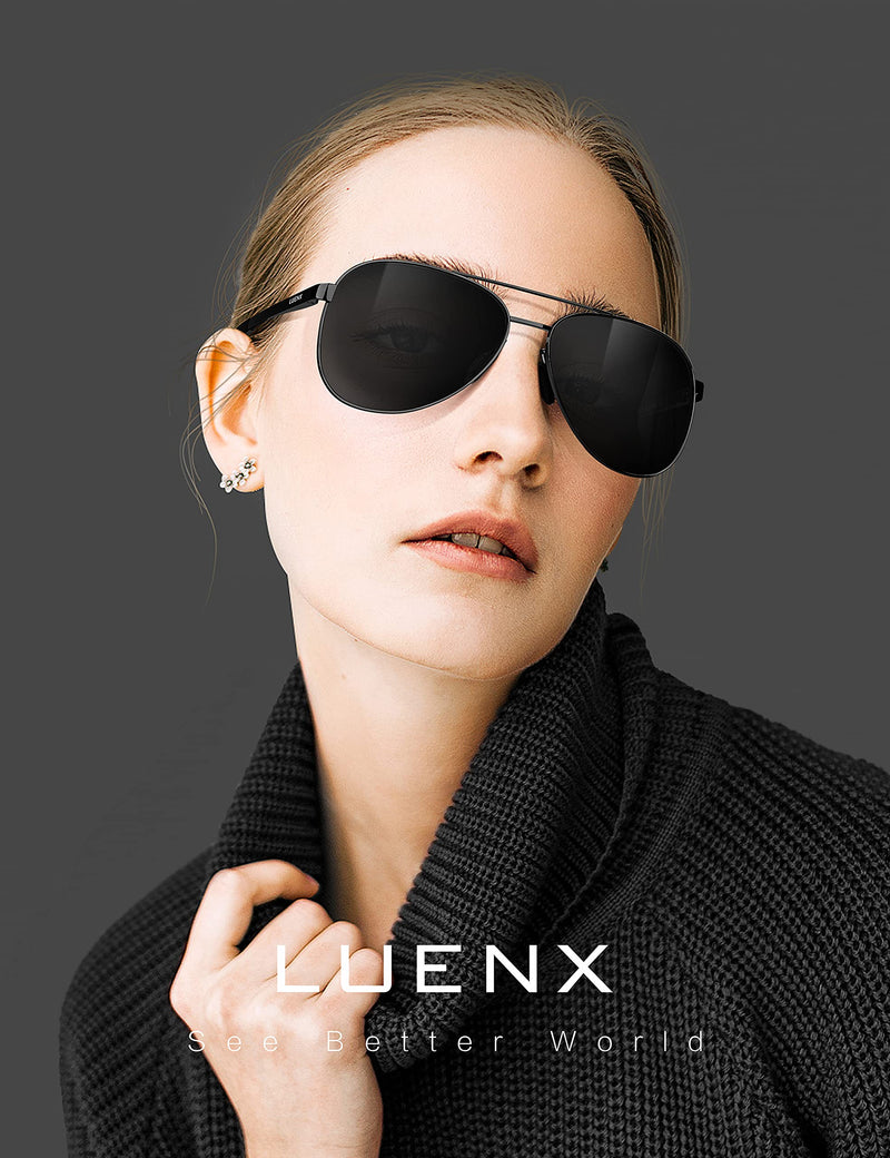 [Australia] - LUENX Aviator Sunglasses for Men Women-Polarized Driving UV 400 Protection 60 MM 13-black/Non-mirrored/Without Zipper Case 60 Millimeters 