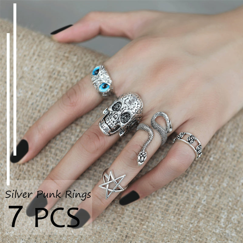 [Australia] - Statement Silver Punk Rings for Women Men,Vintage Bulky Rings, Alt rings,Hippie ring set,Cool Gothic Ring Set,Adjustable Open Stacking Ring, Skull Snake Star Flower Heart Eboy Emo Ring 7 