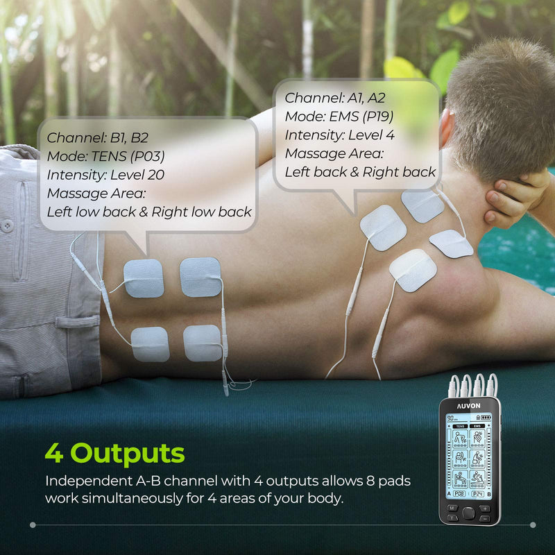 [Australia] - AUVON 4 Outputs TENS Unit EMS Muscle Stimulator Machine for Pain Relief Therapy with 24 Modes Electric Pulse Massager, 2" and 2"x4" Electrodes Pads (Black) A-black 
