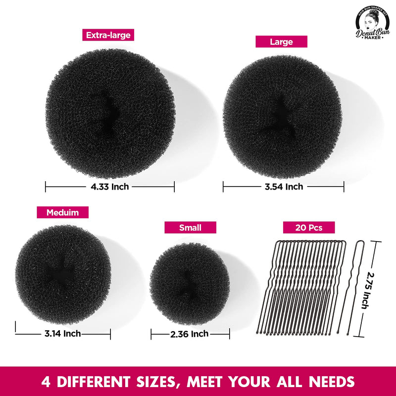 [Australia] - Black Hair Bun Donut Set, Teenitor 4pcs Hair Buns Shaper with 20pcs Hair Pins for Ballet Bun Maker, Hair Bun Donut Maker Chignon Doughnut Ring Style for Dancer Women(Extra-large, Large, Medium, Small) Black 