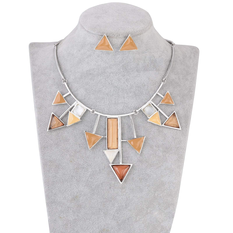 [Australia] - Retro Geometric Triangle Square Arrow Shapes Bib Statement Necklace and Earrings Sets for Women Lady Dinner Party Wedding Jewelry Set Khaki 