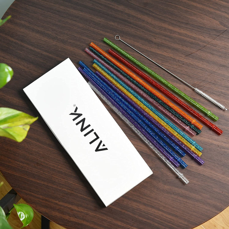 [Australia] - ALINK 12-Pack Glitter Reusable Clear Straws, 11" Long Hard Tumbler Drinking Straws with Cleaning Brush (10 Colors) 