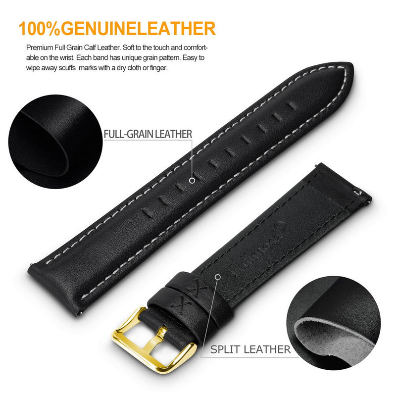 [Australia] - Fullmosa Compatible Samsung Galaxy 46mm/Gear S3 Frontier/Classic Watch Bands, Quick Release Leather Smart Watch Band for Garmin Vivoactive 4 and Active, 22mm Watch Band Black + gold buckle 