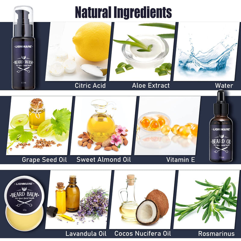 [Australia] - LIONMANE Beard Care Kit for Men, Beard Grooming Kit- Beard Balm, Beard Wash & Oil, Comb, Brush, Scissors, Hair Thinning Comb,Anniversary Birthday Thanksgiving Christmas Gifts for Husband/Boyfriend/Dad Set A 