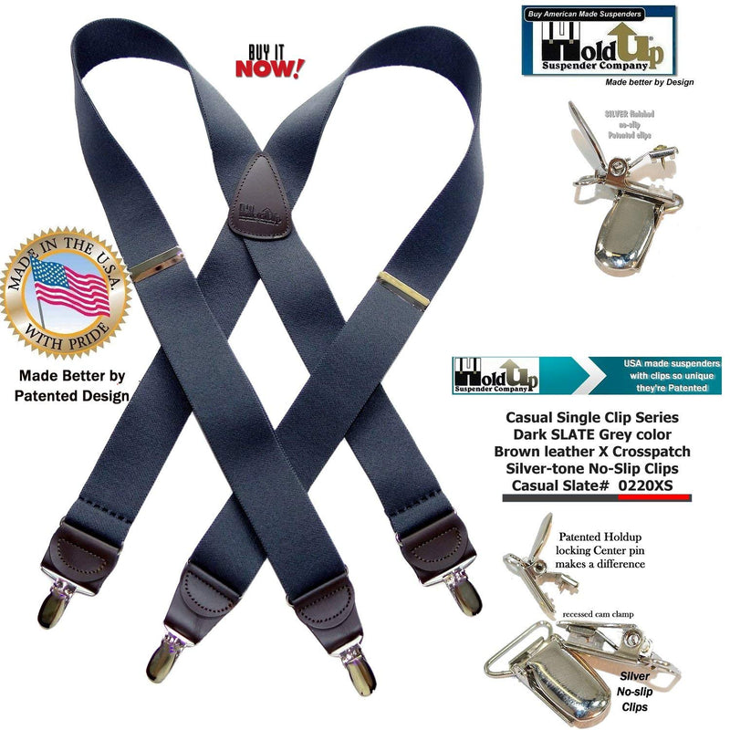 [Australia] - USA Made Slate Gray HoldUp brand X-back Suspenders with No-slip Silver-tone Clips 