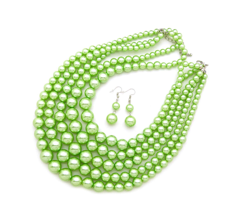 [Australia] - Women's Simulated Faux Pearl Five Multi-Strand Statement Necklace and Earrings Set Lime Green 