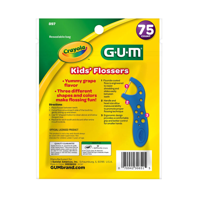 [Australia] - GUM-897 Crayola Kids' Flossers, Grape, Fluoride Coated, Ages 3+, 75 Count 75 Count (Pack of 1) 