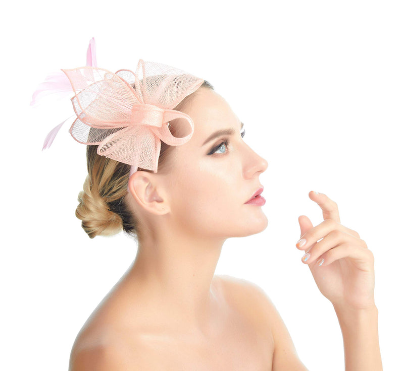 [Australia] - SACASUSA Feather Fascinator Cocktail Hat Linen Net Mesh Bow Formal Headband Pink 