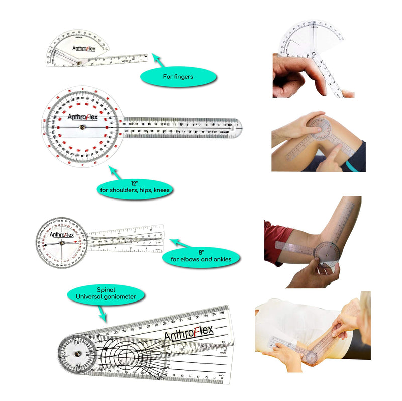 [Australia] - AnthroFlex Goniometer Set of 4: 12", 8", Finger, Spinal - to Measure Range of Motion of Joints for Physical Therapy and Occupational Therapy - cm and Inches, Made of Durable Plastic 