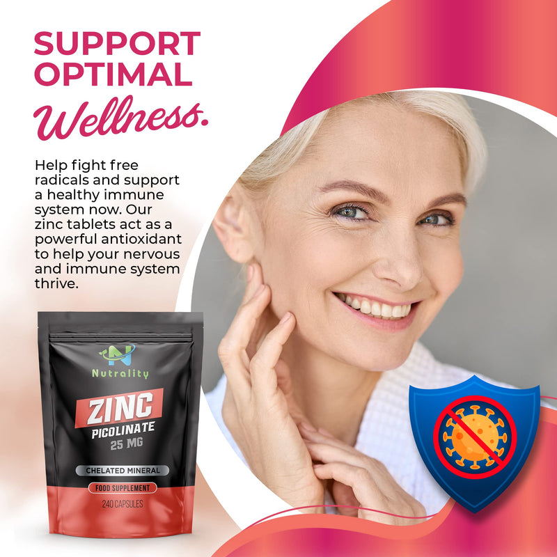 [Australia] - Nutrality Zinc Picolinate 25 mg - High Absorption Immune System Booster, Allergen-Free Zinc Supplement � 240 Day Supply Capsules - Vegan & Vegetarian Friendly 