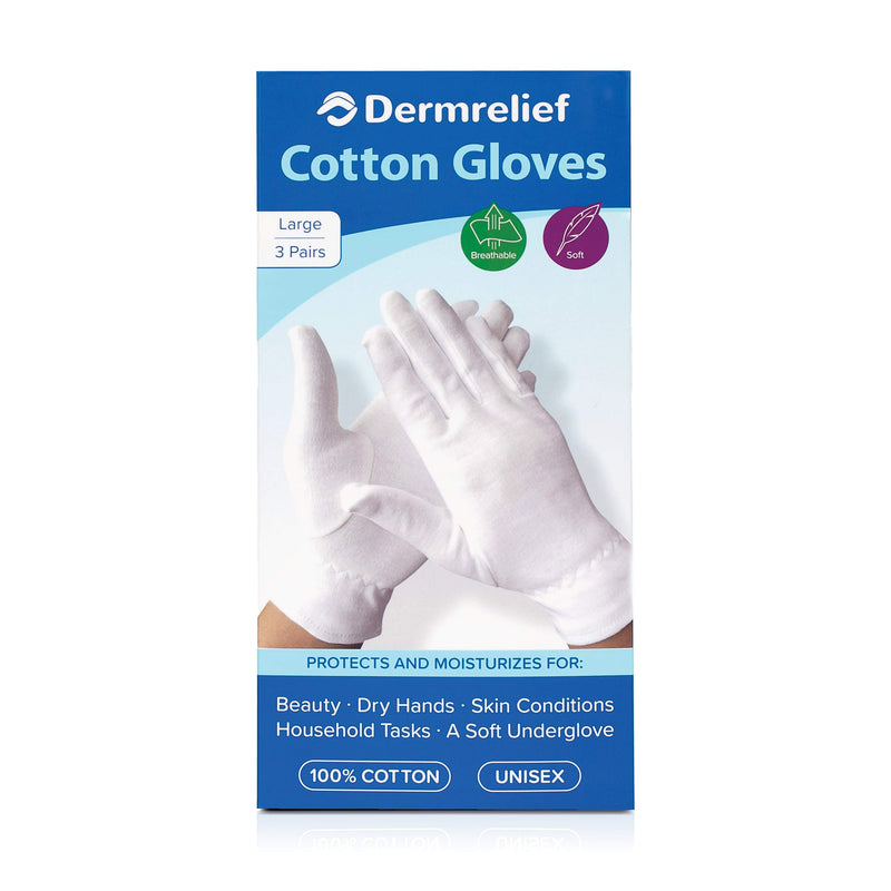 [Australia] - Dermrelief Cotton Gloves - for Beauty, Dry Hands, Skin Conditions, Uniforms, Formal Wear, Inspections or Glove Liner (Large, 3 Pairs) Large (6 Count) 