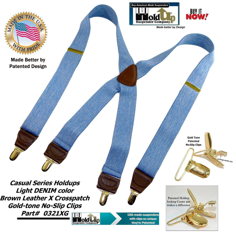 [Australia] - HoldUp Suspender company Light Blue Denim 1 1/2" X-back Suspenders with Patented No-slip Gold-tone Clips 