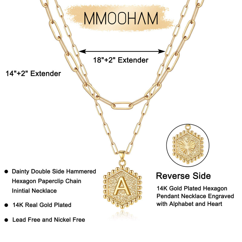 [Australia] - M MOOHAM Dainty Layered Initial Necklaces for Women, 14K Gold Plated Paperclip Chain Necklace Simple Cute Hexagon Letter Pendant Initial Choker Necklace Gold Layered Necklaces for Women A 