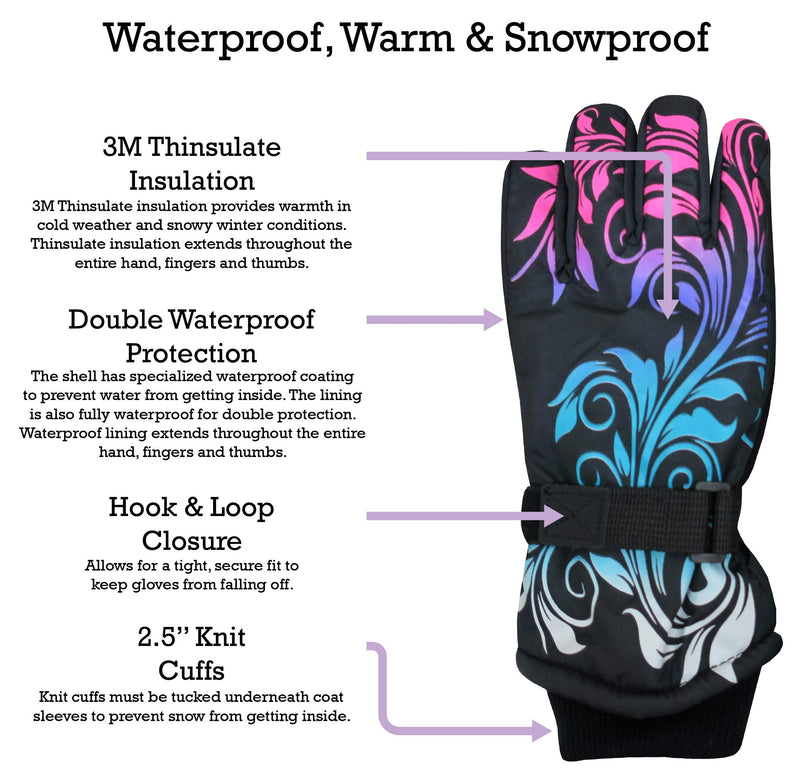 [Australia] - N'Ice Caps Girls Waterproof Thinsulate Fashion Design Winter Snow Ski Gloves Black Scroll Print 9-11 Years 