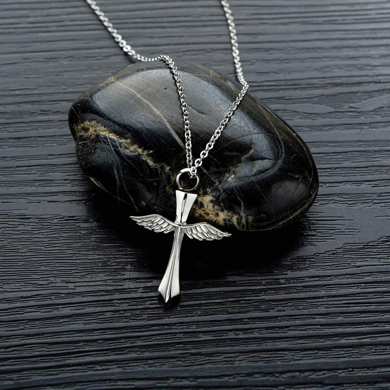 [Australia] - YSAHan Angel Wing Urn Necklace for Ashes Cross Cremation Memorial Pendant Stainless Steel Keepsake Jewelry Silver 