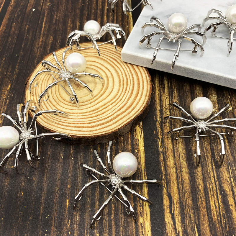 [Australia] - XGALBLA Realistic Simulated Pearl Cubic Zircon Animal Insect Spider Brooch Pins White Tone 