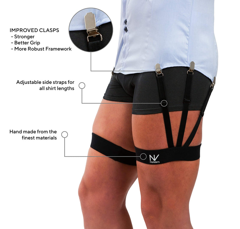 [Australia] - Improved NV HOLDERS 2.0, with improved clasps; premium shirt stays, shirt holders, shirt garters, shirt tuckers for men Black Small (19-21 inches on thigh’s thickest part) 