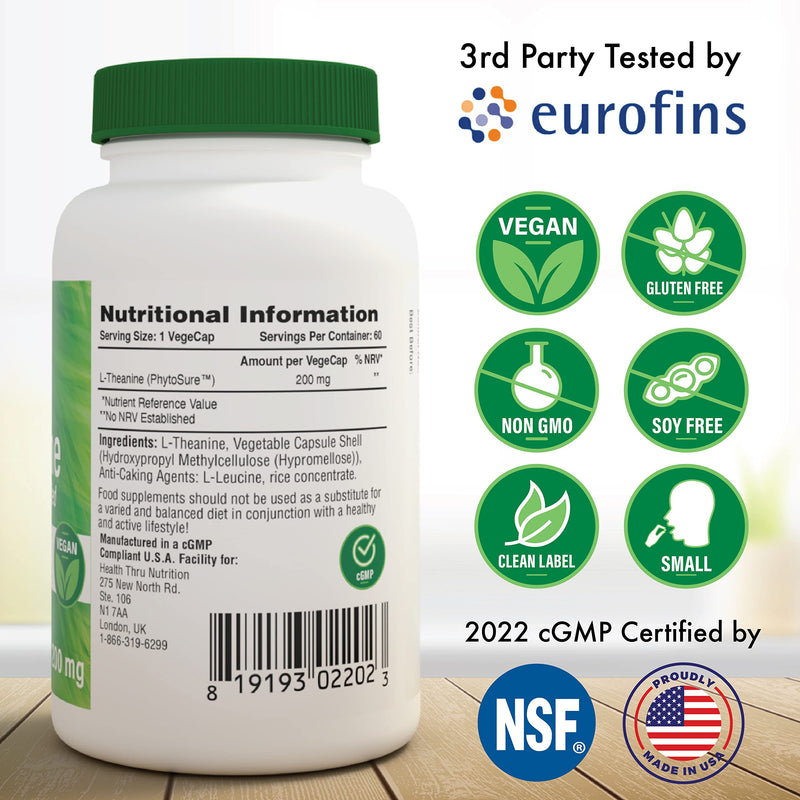 [Australia] - Health Thru Nutrition L Theanine 200mg Double Strength Nootropics & Brain Health Supplement | Clean Label Formula - 60 Vegan Capsules 