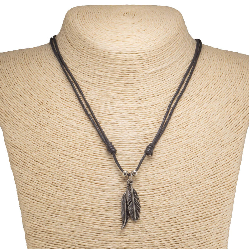 [Australia] - BlueRica Two Feather Pendants on Adjustable Black Rope Cord Necklace (Old Silver) 