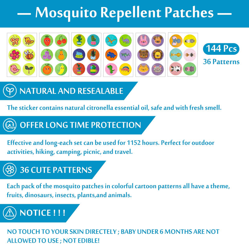 [Australia] - Whaline 144Pcs Mosquito Repellent Sticker Natural Insect Repellent Patches with 36 Patterns to Repel Mosquito, Midge & Insect, Offer 1152 Hours Protection for Outdoors Hiking Camping 