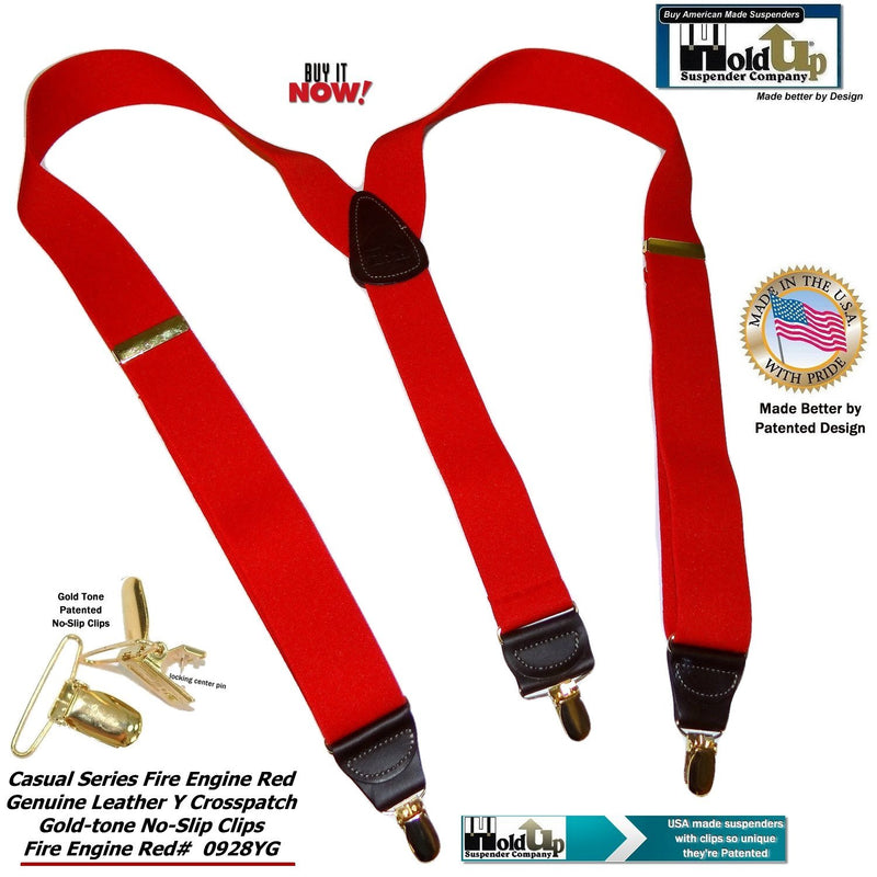 [Australia] - Holdup Y-back Fire Engine bright Red Casual Series Suspenders with Patented Gold-tone No-slip Clips 