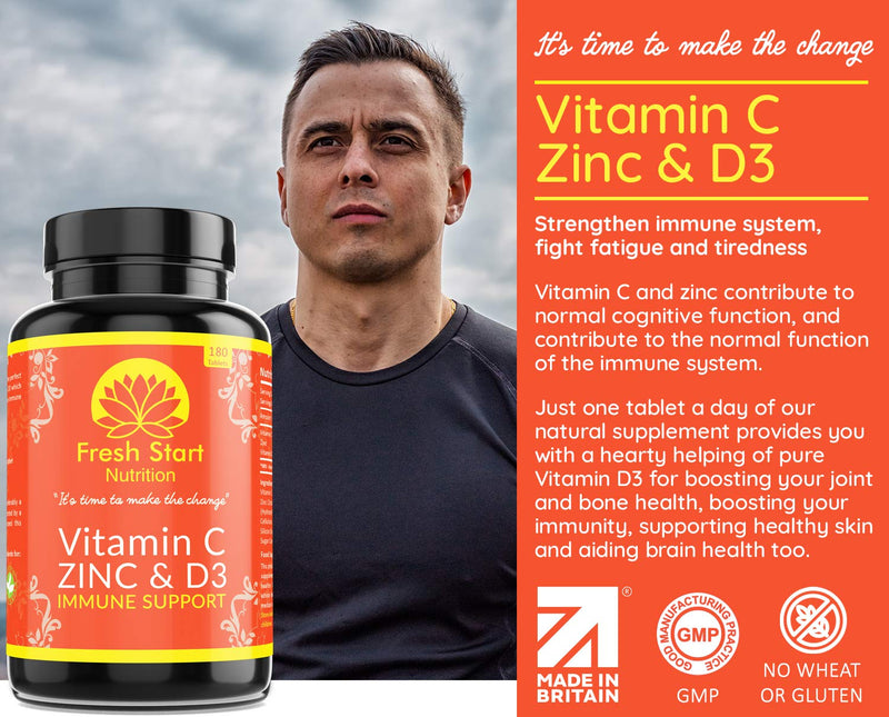 [Australia] - Vitamin C Zinc and Vitamin D Tablets - 180 Vegetarian Tablets for Men and Women - for Maintenance of Normal Immune System - 6 Month Supply - Made in The UK by Fresh Start Nutrition 