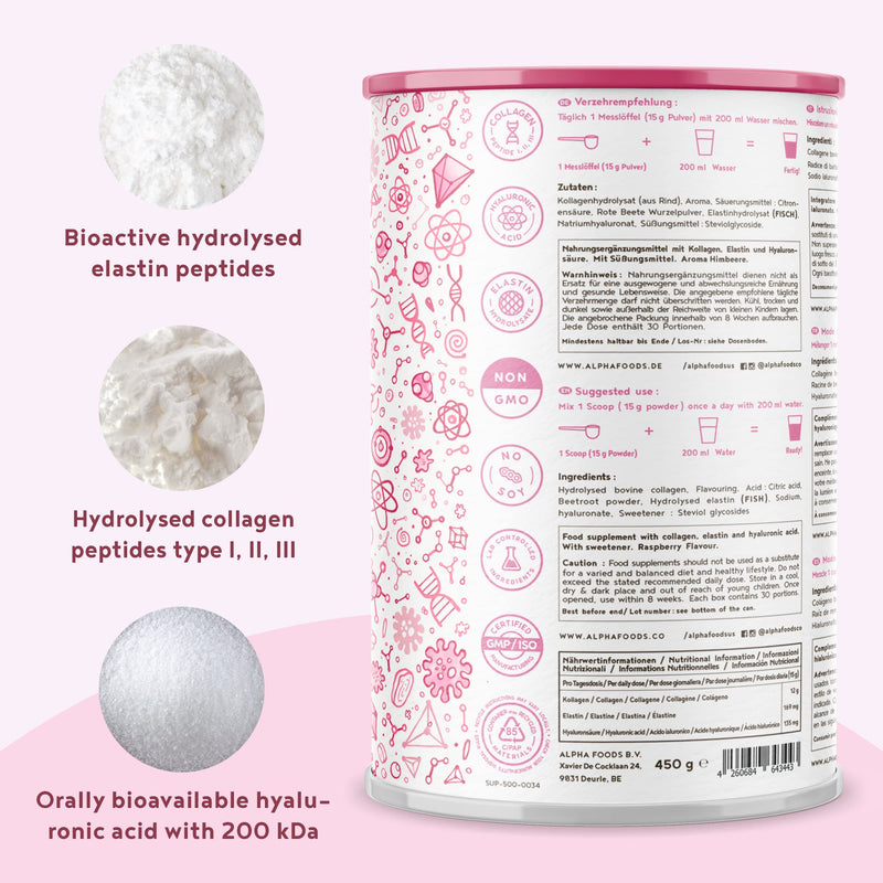 [Australia] - Collagen with Elastin and Hyaluronic Acid - Powder - Premium Hydrolysed Bovine Collagen Peptides Type I, II and III - Without Additives - Raspberry Flavour - 450 Grams 