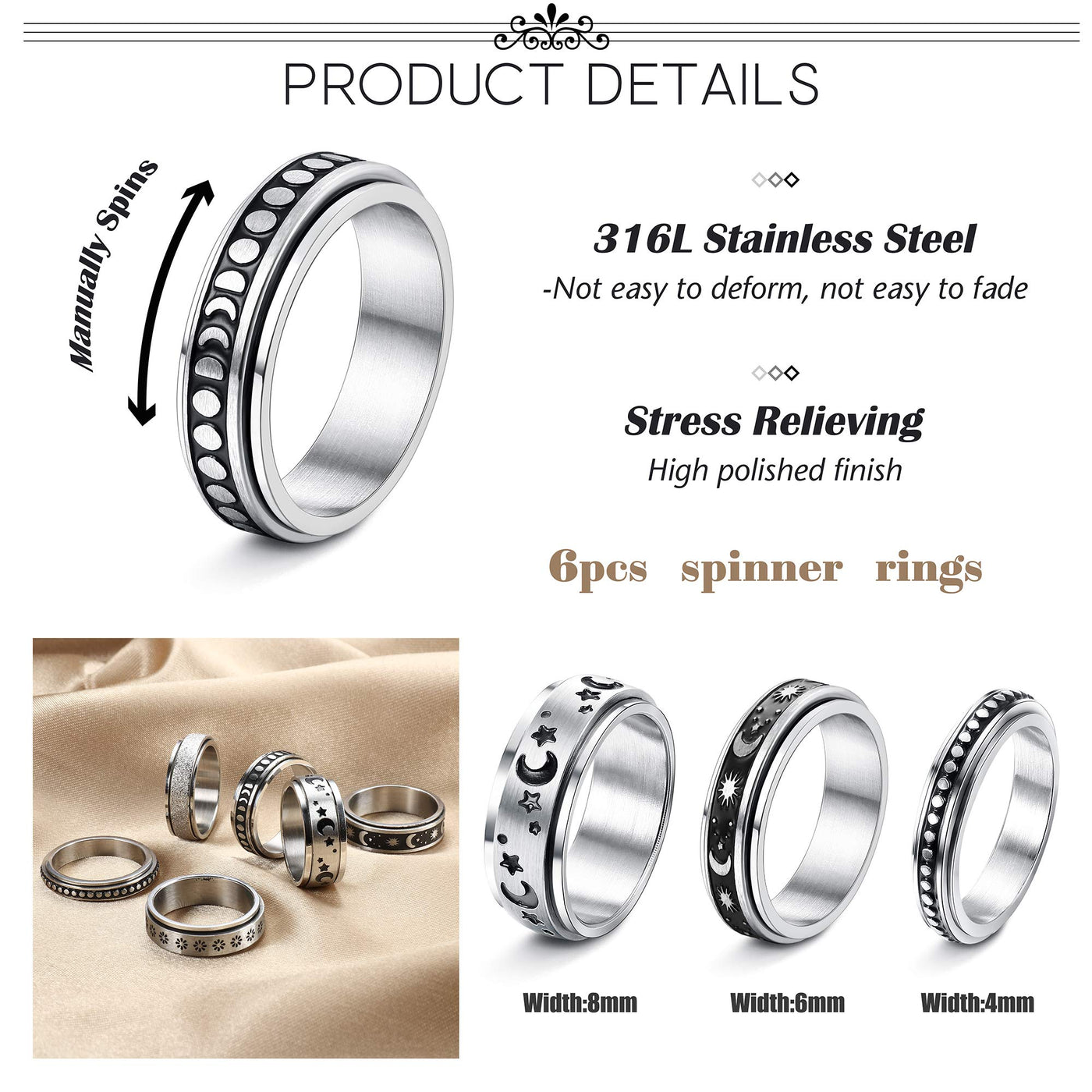 yfstyle 4PCS Plain Band Rings for Men Stainless Steel Rings for Men Wedding  Ring Cool Spinner Rings for Men Black Stainless Steel Ring Set Anxiety