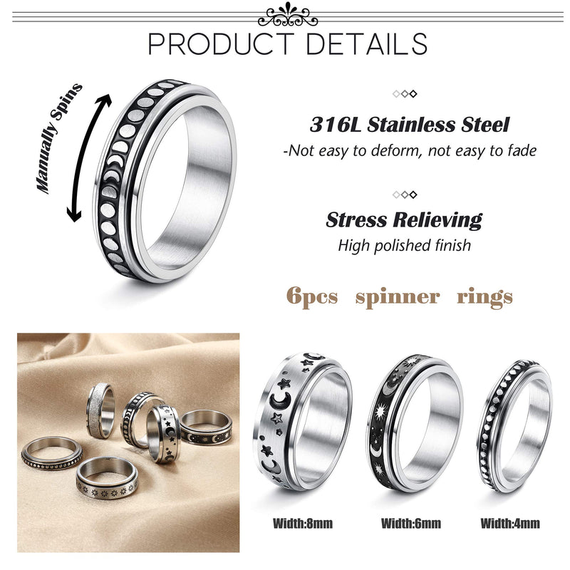 [Australia] - THUNARAZ 6Pcs Stainless Steel Spinner Rings for Women Men Fidget Band Rings Sun Moon Star Women Meditation Worry Rings for Stress Relieving Wedding Promise Fidget Rings 5 