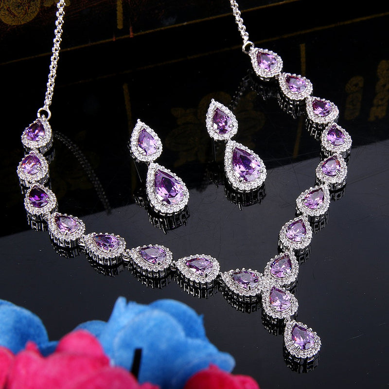 [Australia] - BriLove Women's Wedding Bridal Teardrop CZ Infinity Figure 8 Y-Necklace Dangle Earrings Set Amethyst Color Silver-Tone 