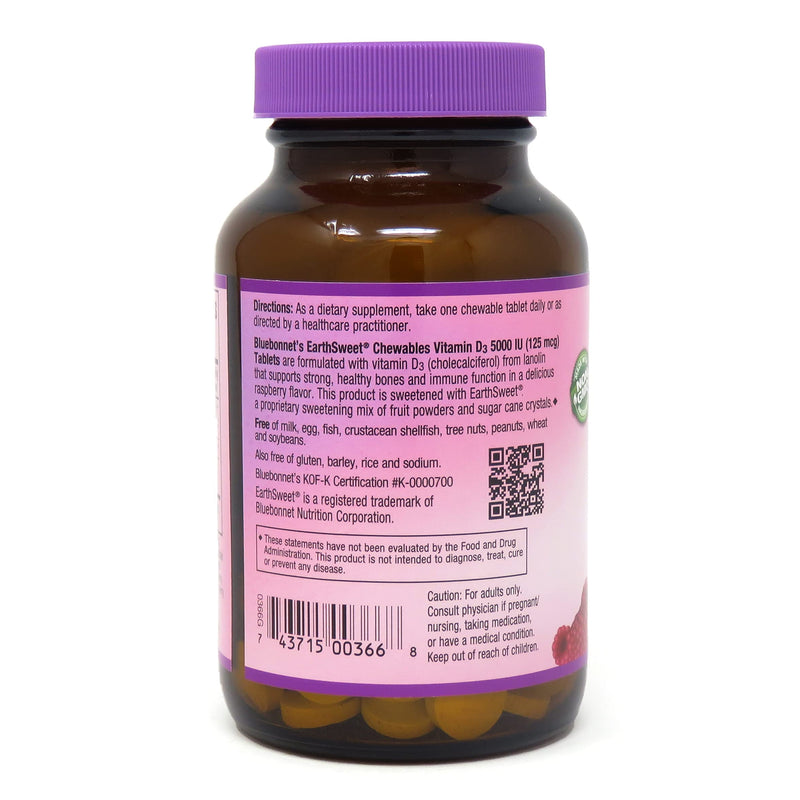 [Australia] - Bluebonnet Nutrition Earth Sweet Vitamin D3 5000 IU Chewable Tablets, Aids in Muscle & Skeletal Growth, Non GMO, Gluten & Soy & Milk Free, Kosher, Raspberry, White, 90 Count 