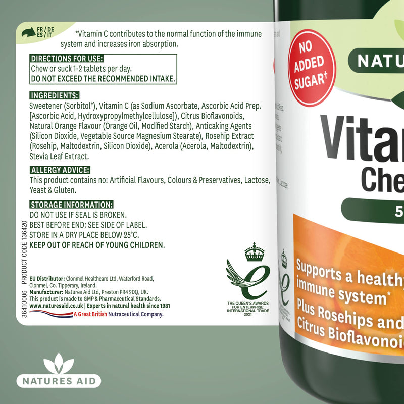 [Australia] - Natures Aid Chewable Vitamin C 500 mg, Sugar Free, Suitable for Vegans, 100 Tablets 