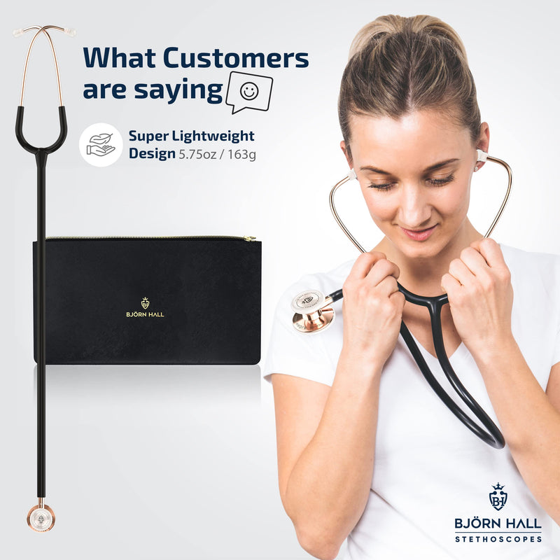[Australia] - BJÖRN HALL Rose Gold Black Stethoscope with Designer Carrying Case | Stainless Steel Turnable Chest Piece | Super Lightweight 5.9oz| Perfect Gift for Nurses Veterinary & Students | Black Tubing RGB Black Rose Gold 