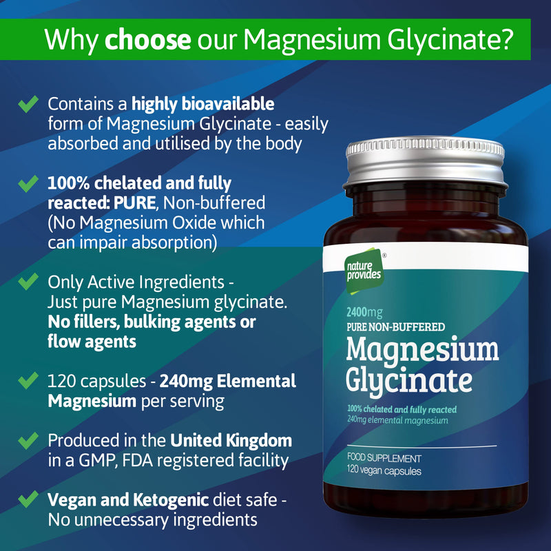 [Australia] - Magnesium Glycinate (Bisglycinate) 2,400mg, 120 Vegan Capsules, 100% Pure, Non-buffered, Chelated and Highly Bioavailable. Made in The UK. No fillers or Flow Agents. 