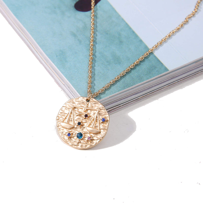 [Australia] - Fashion Fantasy Baroque 12 Constellation Relief Coins Round Brand Guardian Necklace Retro Constellation Gilt Sweater Chain Hot Style Birthday Gift Couple Necklace Libra 