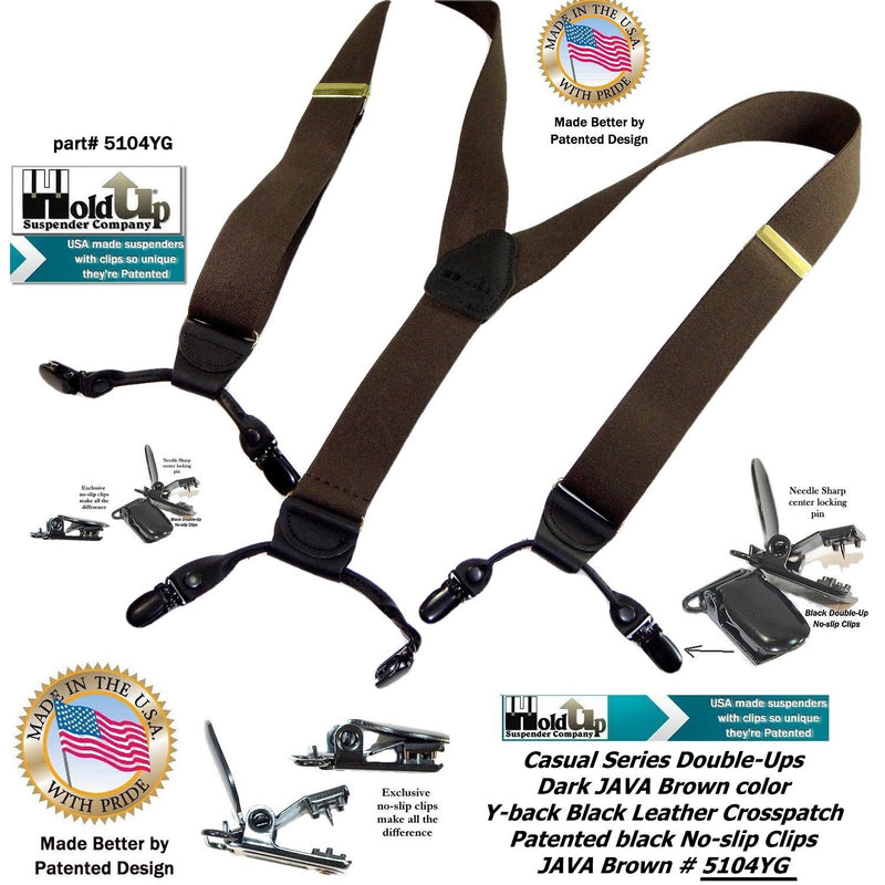 [Australia] - Holdup Suspender Brand Dark Java Brown Colored Casual Series Double-Up Suspenders with black no-slip patented clips 