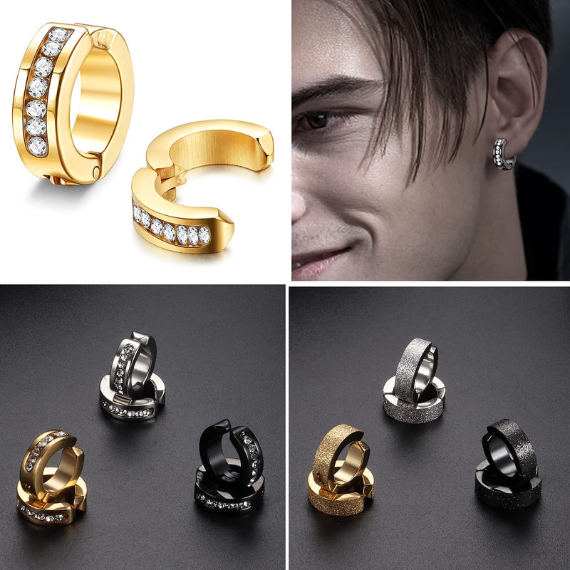 [Australia] - FIBO STEEL 9 Pairs Non-Piercing Earrings Stainless Steel Clip On Hoop Earrings For Men Women Paved CZ Ear Clip 