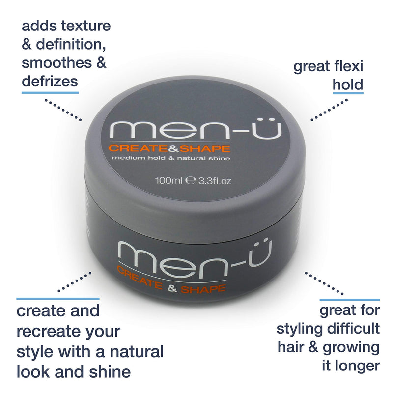 [Australia] - men-u mens hair products CREATE AND SHAPE 100ml mens hair cream ‚Äì Adds texture and definition, smoothes and defrizzes. Hair putty with medium hold and medium shine. Single walled 100ml styling puck 