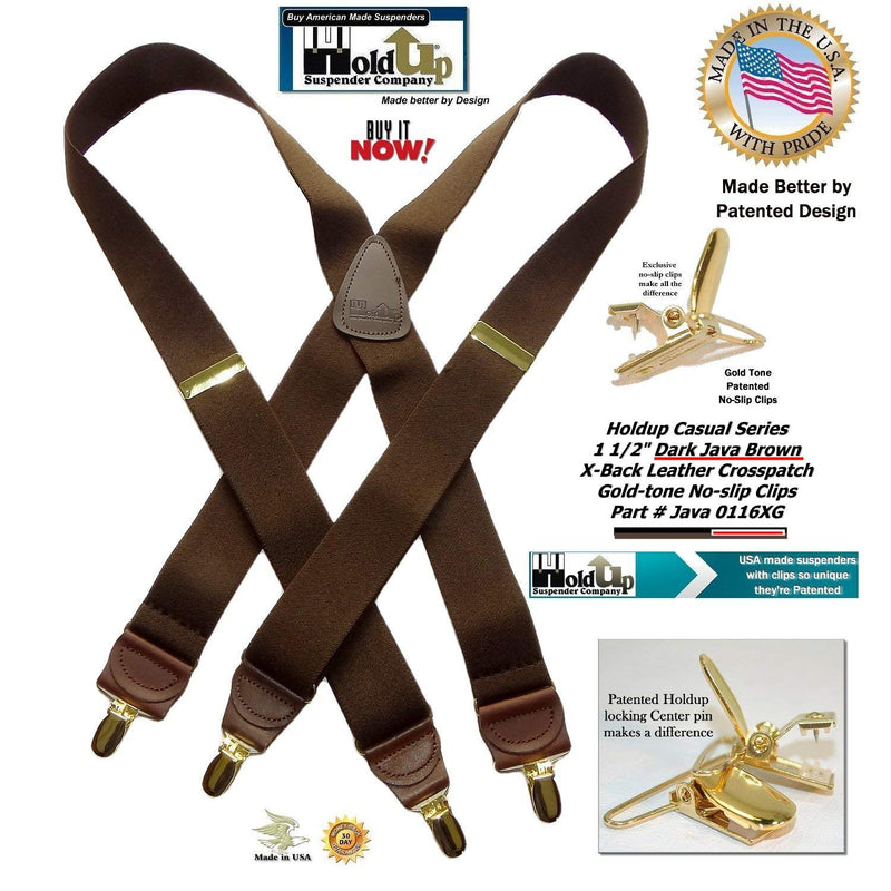 [Australia] - Holdup Suspender Company Casual Series Java Brown X-back Suspenders with Patented No-slip Gold-tone Clips 