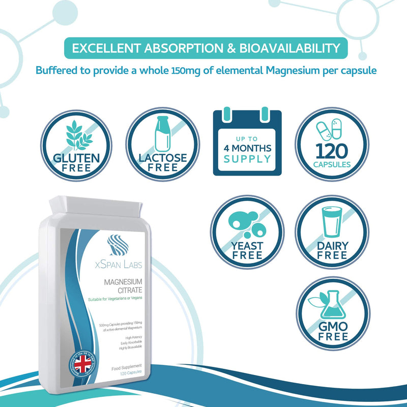 [Australia] - Magnesium Citrate 500mg 120 Capsules - Providing 150mg of Active Elemental Magnesium - High Potency - Easily Absorbable - Highly Bioavailable - UK Manufactured 