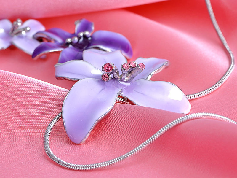 [Australia] - Alilang Silvery Tone Pink Rhinestones Purple Hawaiian Flower Necklace Earrings Set 