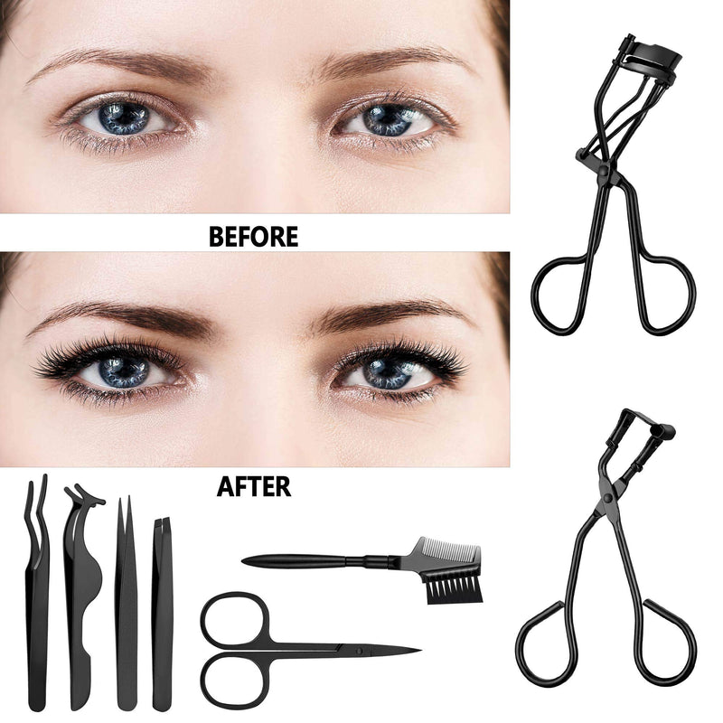 [Australia] - 48 Pieces Eyelash Curler Makeup Tools Set, include Mini Eyelash Curler Kit, Eyebrow and Eyelash Extension Tweezers, Eyelash Eyebrow Brush Comb and Eyelashes Scissors, Silicone Refill Pads (Black) 