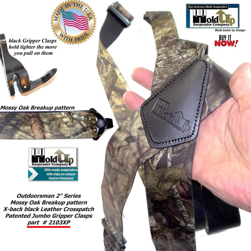 [Australia] - Hold-Up Suspender Co. 2" Wide Mossy Oak Breakup Trademarked Camoflauge Pattern X-Back Suspenders with Patented Gripper Clasps 