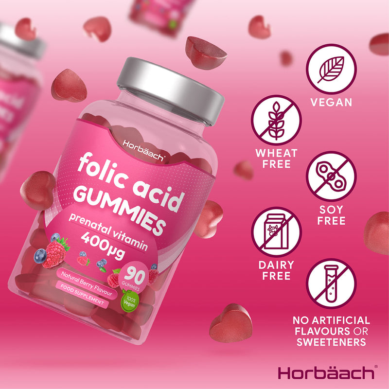 [Australia] - Folic Acid Gummies 400 mcg | 90 Vegan Gummies (3 Months Supply) | Pregnancy Care Vitamins for Women | Prenatal Health & Maternal Tissue Growth During Pregnancy | by Horbaach 