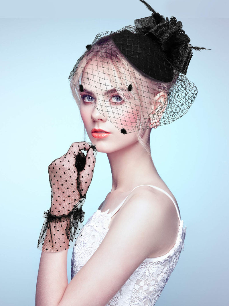 [Australia] - Feather Veil Mesh Hat Short Lace Glove 50s Costume Accessories for Women Wedding Classic Style 