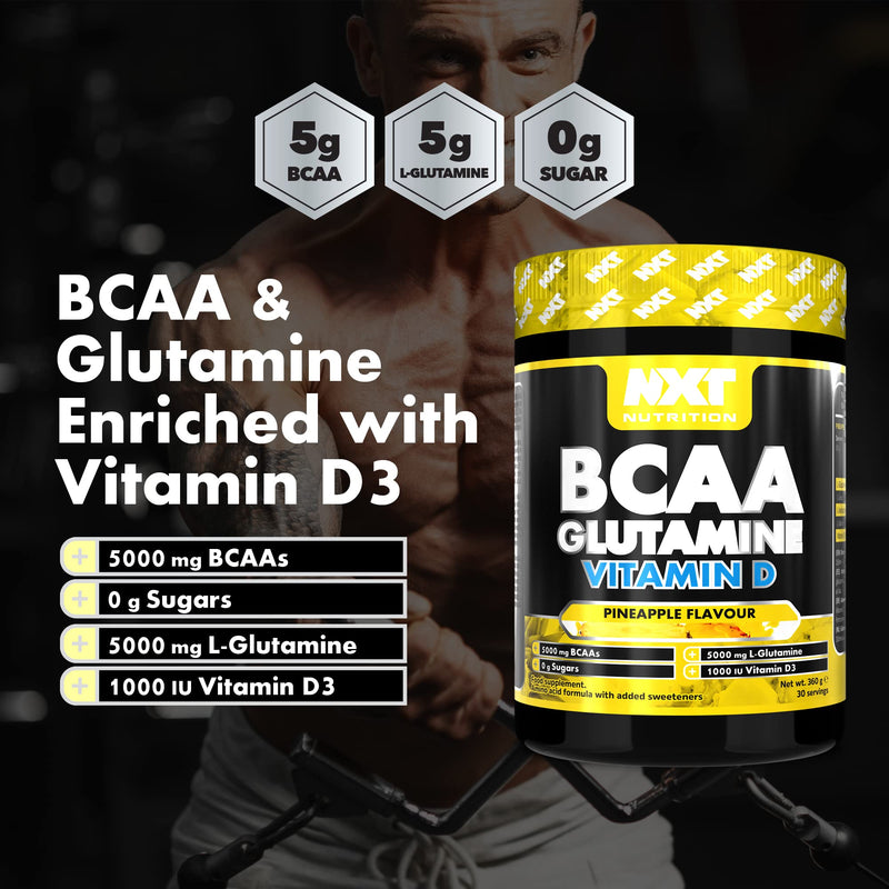 [Australia] - NXT Nutrition BCAA, Glutamine & Vitamin D | BCAAs Amino Acids with Vitamin D3 and L-Glutamine - for Recovery, Gut Health and Muscle Protein Synthesis | 360g - 30 Servings (Pineapple) 