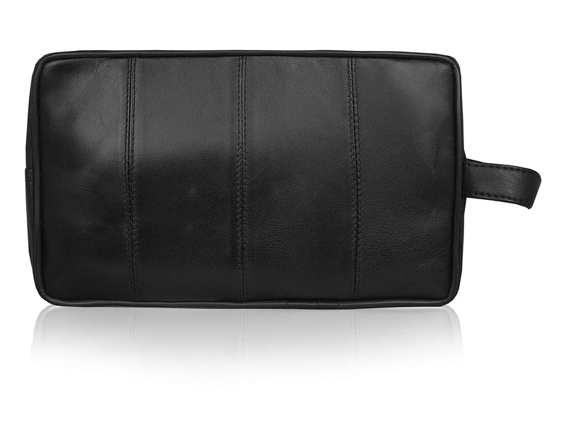 [Australia] - Leather Toiletry Bag - Toiletries Wash Bag - Soft Black Genuine Leather - Great Travel Gym Shower Bags - Unisex Men's or Ladies - 2 Zipped Compartments - Hang Up Carry Handle - Roamlite RL215 