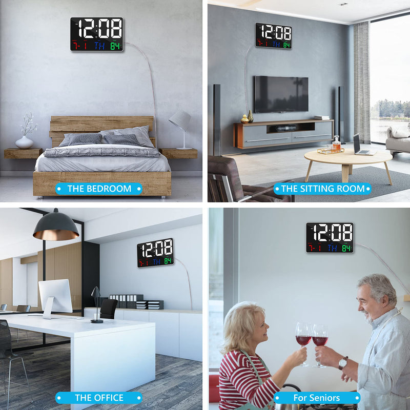 [Australia] - Digital Clock Large Display, Amgico 11.4" Large LED Digital Wall Clock with Temperature,Adjustable Brightness Digital Alarm Clock with Day and Date,Snooze,12/24H, for Bedroom,Office,Elderly White-multicolor 